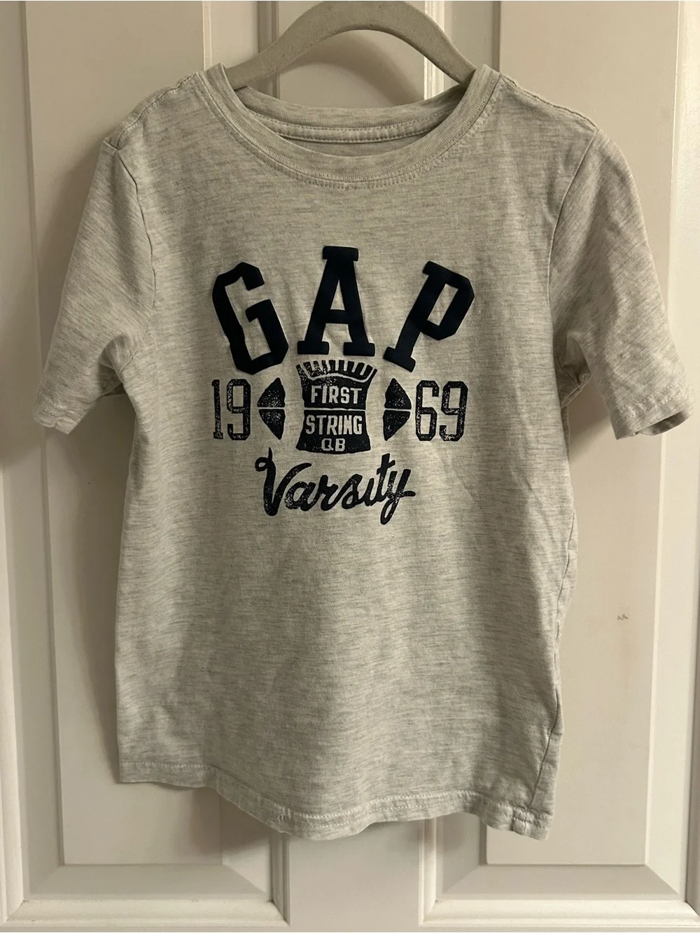 Boys GAP Light Gray Tee with Navy Varsity Logo